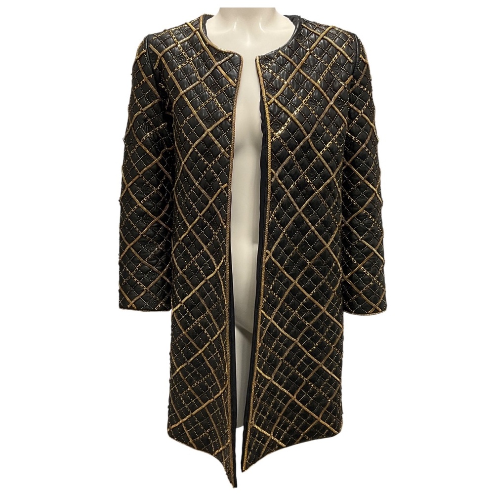 OSCAR DE LA RENTA BLACK / GOLD CHAIN EMBELLISHED LEATHER COAT